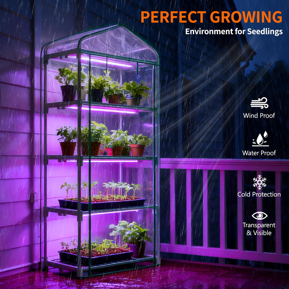 DoCred Indoor Greenhouse with Grow Lights, 4-Tier Mini Greenhouse PVC Cover