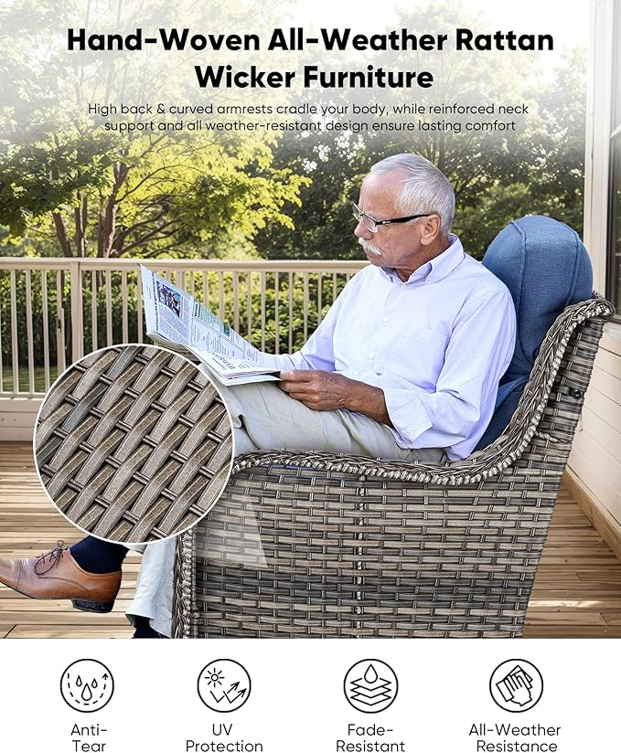 HUMMUH 10 Pieces Outdoor Furniture Set with Fire Pit 6-inch Cushions High Back Patio Furniture Set Wicker Swivel Rocker Chairs Sofa for Porch,Deck,Backyard
