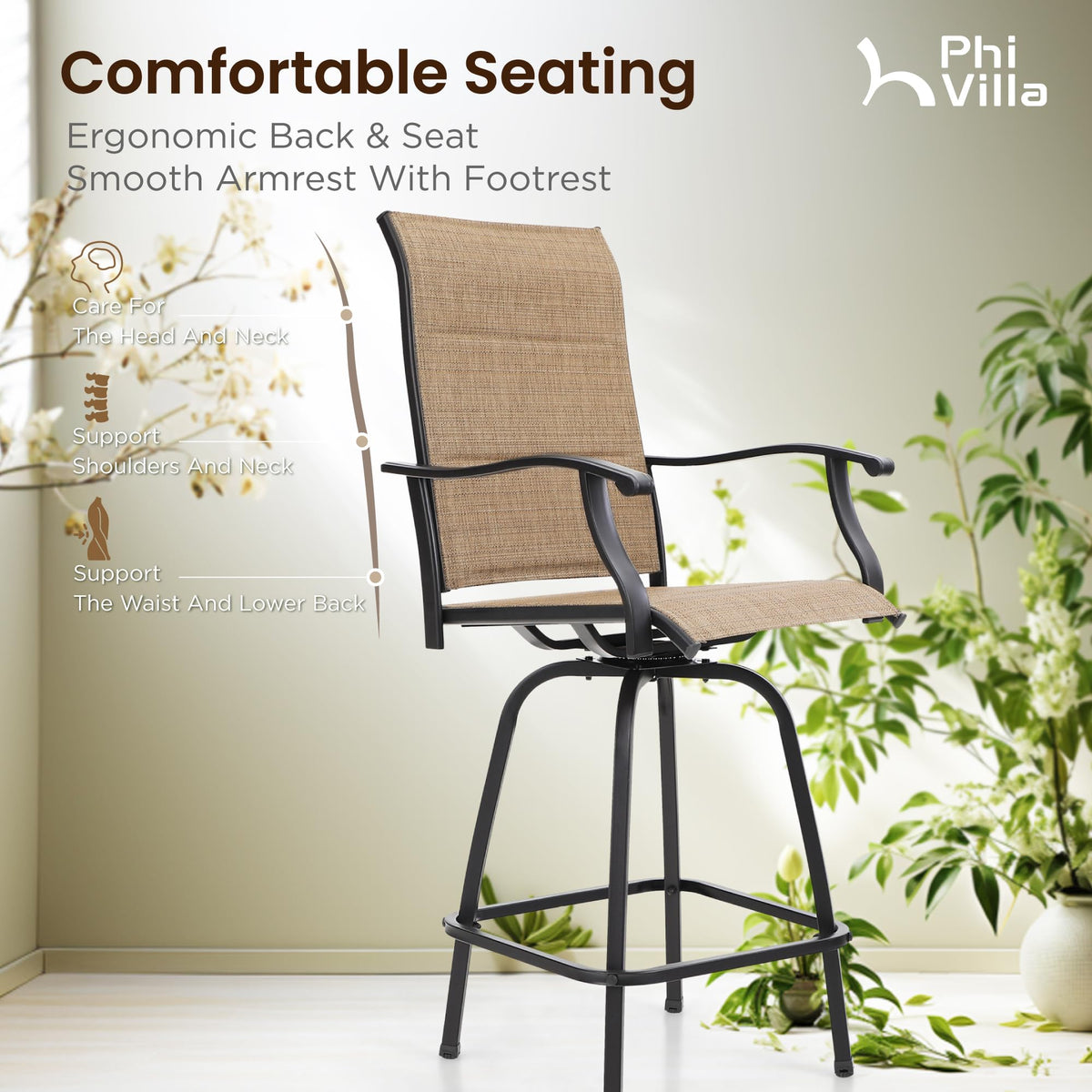 PHI VILLA 3 Piece Outdoor Swivel Bar Stools Set, Bar Height Patio Set