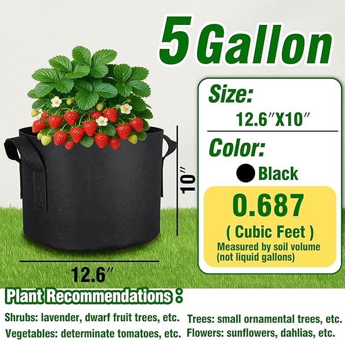 PHYEX 12-Pack 5 Gallon Grow Bags, Heavy Duty Fabric Pots with Handles, Reusable Plant Bags for Vegetable, Herbs & Flowers, BPA-Free, Breathable, Durable