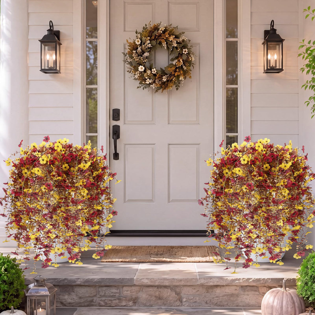 FineCheer 6 Pcs Fall Artificial Hanging Flowers Outdoor, Maroon, Yellow