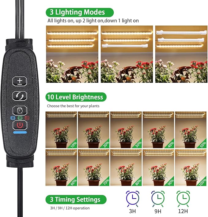 LED Grow Light Strips, Grow Lights for Indoor Plants Full Spectrum 3000K, 78 LEDs Plant Light with 3/9/12H Timer, 10 Dimmable Levels for Seedling Succulent and Plant Shelf, 3 Head 8.6 Inches