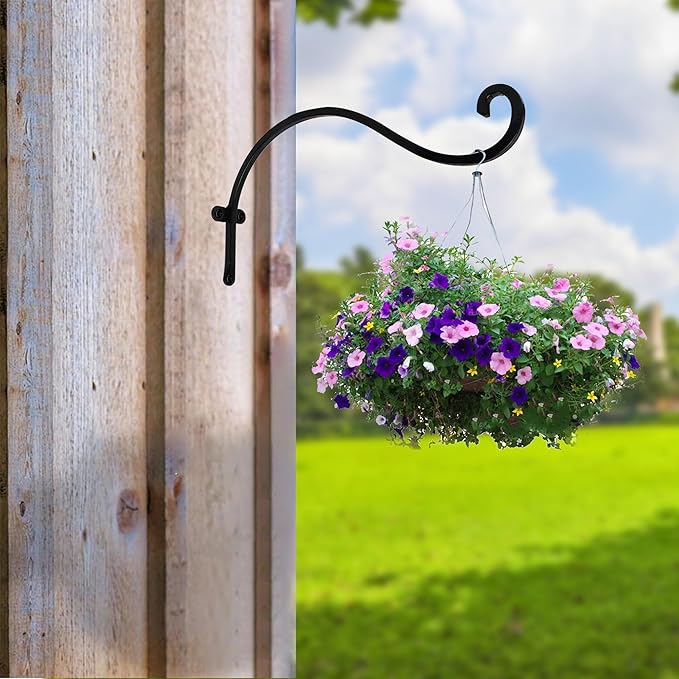 Hourleey 2 Pack Plant Hanger Outdoor, 12 Inch Heavy-Duty Hanging Plant Hook for Outside Basket, Black Metal Wall Mount Plant Bracket Hook for Flower Baskets Bird Feeder