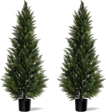 Outdoor Artificial Cedar Topiary Tree, Faux Evergreen Shrubs for Front Porch Decor, Lifelike Fake Bushes Plants for Home Living Room Front Door Decor (2, 5ft)
