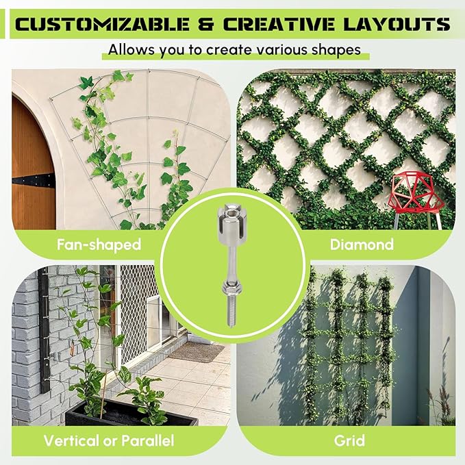 Wire Trellis for Climbing Plants Outdoor, 30-Set Wall Wire Trellis Kit with 1/8" x 150ft Stainless Steel Cable and Cutter, T316 Espalier System for Fence Garden DIY on Brick Concrete Wood Walls