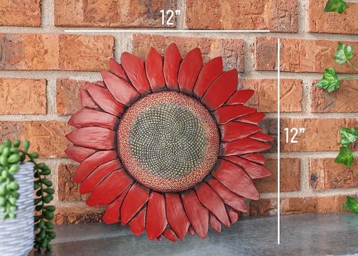 NAT & Jules Sunflower Shaped Dimensional Indoor Outdoor 12 inch Cast Resin Decorative Garden Stepping Stone, Patio, Walkway Sculpture Yard Art, Red