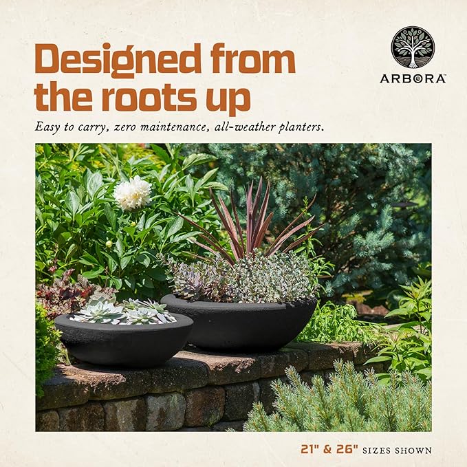 ARBORA 26" Santorini Bowl Polyresin Indoor and Outdoor Planter with Classic Black Finish - Durable, Weatherproof, Lightweight, Large Plant Pot for Patio, Garden, Deck, Entryway