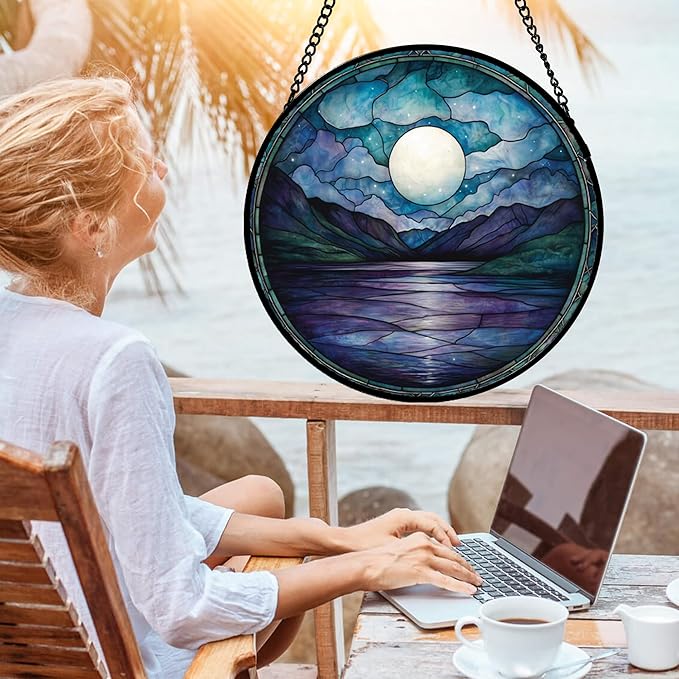 Stained Glass Window Hanging, Blue Night Moon Lake Sun Catchers Colorful Glass Panel Landscape Suncatcher Decor for Birthday for Women, Men, Wife, Aunt, and Mom 14.9x14.9 in