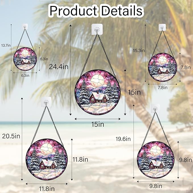 AMDERVEN Stained Glass Window Hanging - Winter Snow Scene Cabin Moon Sun Catcher for Door Garden Home Decor Pine Tree Suncatcher Christmas Mother's Day Birthday Gifts for Women Men Mom Nana 9.8 in