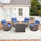 Luxury High Back Patio Furniture Set with Fire Pit Table & 6-Inch Thick Cushions, 5-Pieces Outdoor Furniture with 4 Swivel Chairs, Wicker Conversation Set for Porch, Balcony, Deck and Yard, Brown/Blue