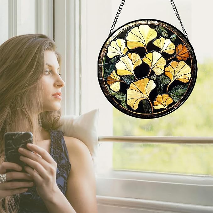 Stained Glass Window Hanging - Ginkgo Leaf Suncatcher for Doors Garden Patio Retro Fall Decor Sun Catchers Christmas Mother's Day Birthday Gifts for Women Men Mom Nana Friend 9.8 in