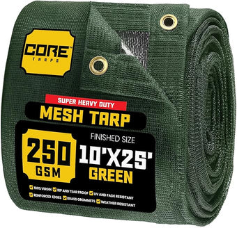 Core Tarps 60% Green Shade Cloth with Grommets - 10 X 25 FT Heavy Duty Mesh Tarp - Sun Shade Cloth for Garden Vegetables Plants Greenhouse Outdoors Backyard Fences Dump Trucks Patio Mesh Shade Tarp