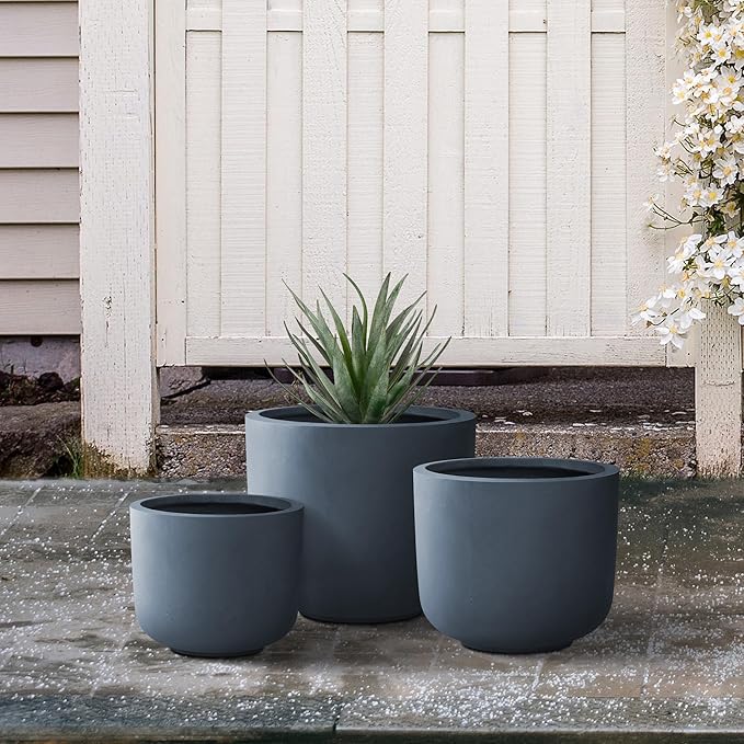 Kante 13",11",9" Dia Round Concrete Large Plant Pots Outdoor Indoor Planters Bowl with Drainage Hole for Patio, Set of 3,Charcoal