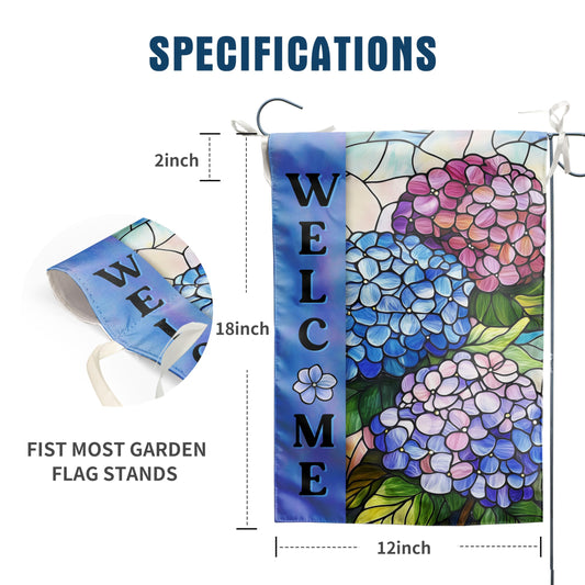 Hydrangea Spring Summer Garden Flag for Outside Stained Glass Flower Yard Decor 12x18 Double Sided Blue Floral Welcome Outdoor Banner