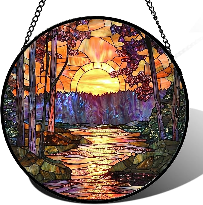 Stained Glass Window Hanging, Orange Landscape Green Purple Lake Forest Suncatcher for Doors Window Home Sun Catchers Decor Mother's Day Birthday Gifts for Women Men Mom 7.8 in