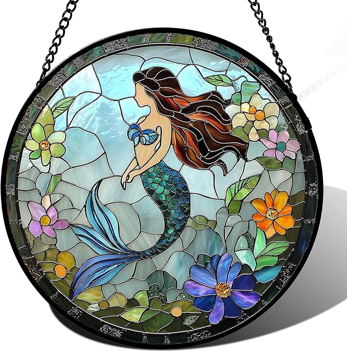 JOSUMALY Stained Glass Window Hanging - Light Blue Mermaid Suncatcher for Door Terrace Garden Home Decor, Ocean Flowers Sun Catcher Birthday Gifts for Lovers Women Men Dad Mom Nana 9.8 in