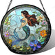 JOSUMALY Stained Glass Window Hanging - Light Blue Mermaid Suncatcher for Door Terrace Garden Home Decor, Ocean Flowers Sun Catcher Birthday Gifts for Lovers Women Men Dad Mom Nana 9.8 in