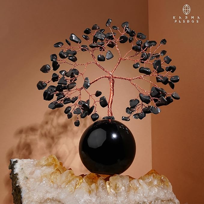 Crystal Tree of Life Birthday Gifts for Women, Mom Black Obsidian Healing Crystals Tree for 7 Chakra Balance, Reiki Healing, Positive Energy, Good Luck, Money, Meditation, Home and Office Desk Decor