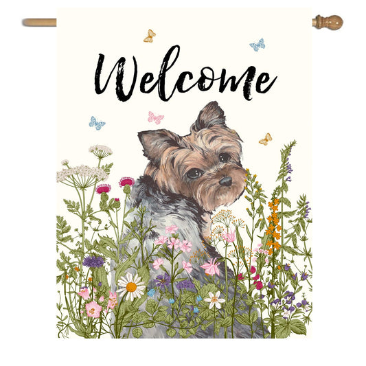 Floral Yorkie Garden Flag Spring Summer House Flags 28 x 40 Double Sided Flower Dog Yard Flags for Outside Large Outdoor Welcome Flags