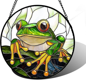 DASTOLL Stained Glass Window Hanging, Green Frog White Petals Sun Catchers Colorful Glass Panel Cute Suncatcher Decor for Birthday for Women, Men, Wife, Aunt, and Mom 11.8x11.8 in