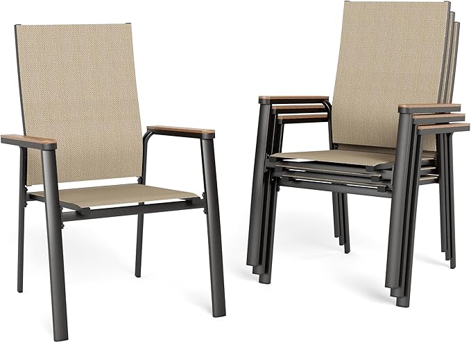 Sophia & William Patio Chairs Set of 4, Lightweight Aluminium Frame and Breathable Textilene Fabric, Stackable Outdoor Dining Chairs - Beige