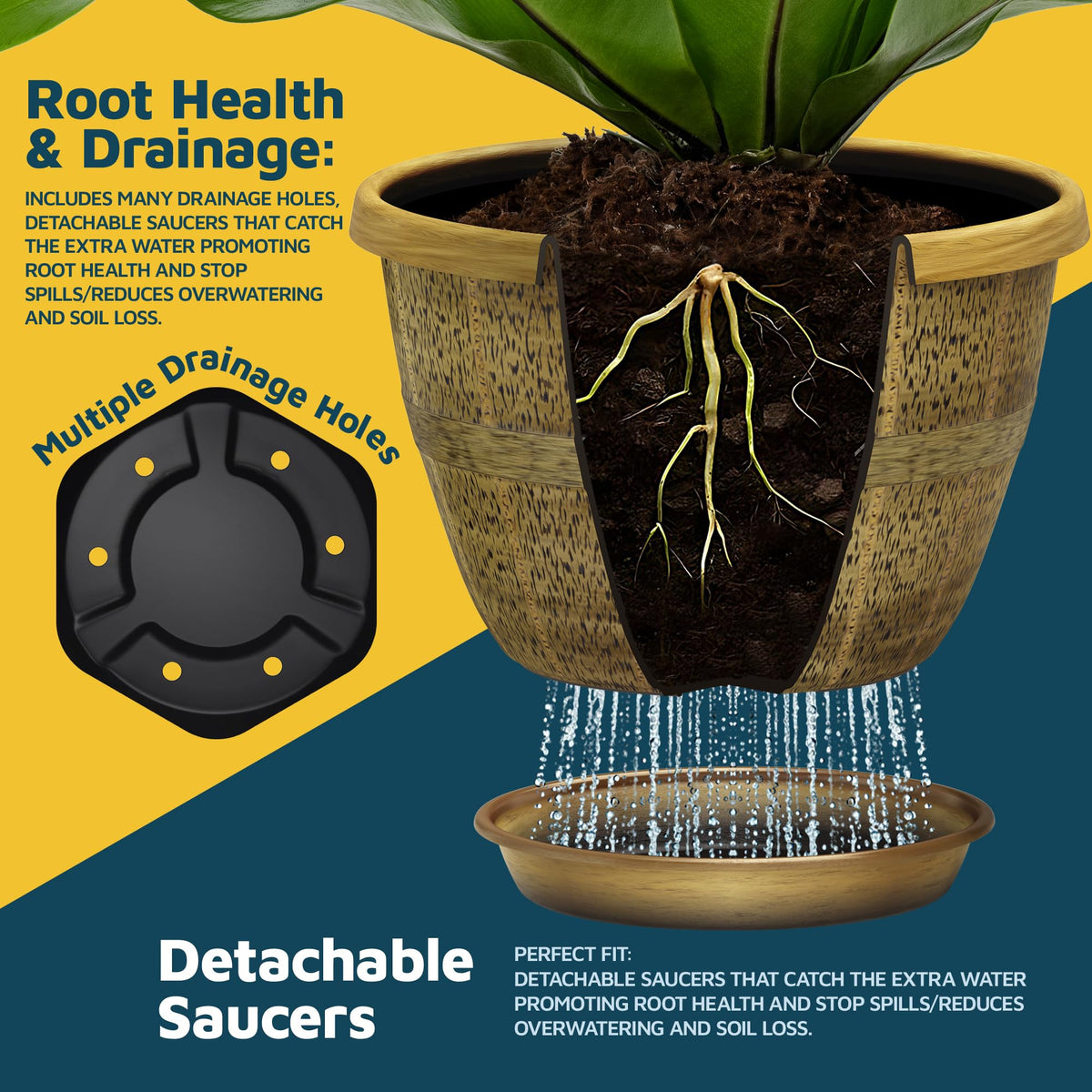 10-Inch Whiskey Barrel Planters Outdoor Pack of 5 - Durable Plastic Plant Pots for Indoor & Outdoor Use with Drainage & Saucer, Lightweight Rustic Barrel Planters for Flowers, Herbs & Small Plants