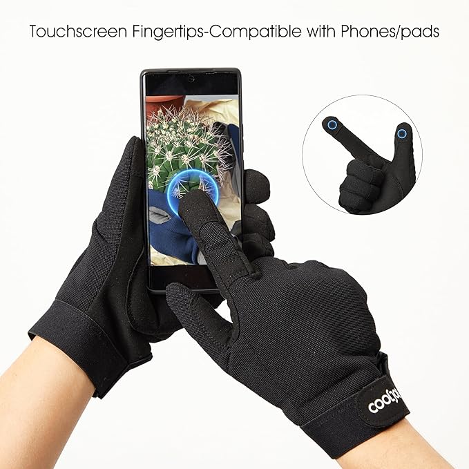 COOLJOB Thorn Proof Garden Gloves with Touchscreen Fingers for Men, Rose Pruning Work Gloves with Palm Cushion for Gardener, Farmer and Landscaper (Black 1 Pair Small)