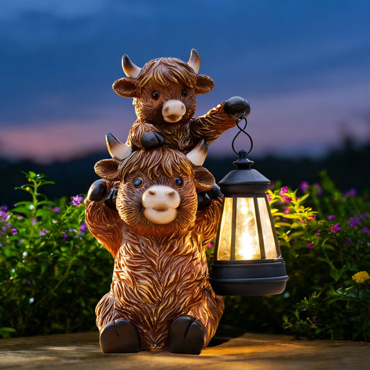 Goodeco Highland Cow with Solar Lantern Garden Statue