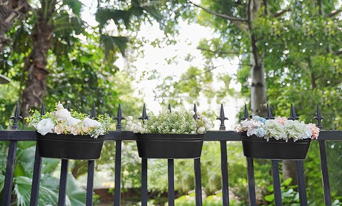 Dahey 3 Pcs Metal Hanging Flower Pots for Railing Fence Outdoor Planter 15.7 Inch Hanging Bucket Pots Countryside Window Flower Plant Holder with Detachable Hooks for Garden Yard Home Decor,Black