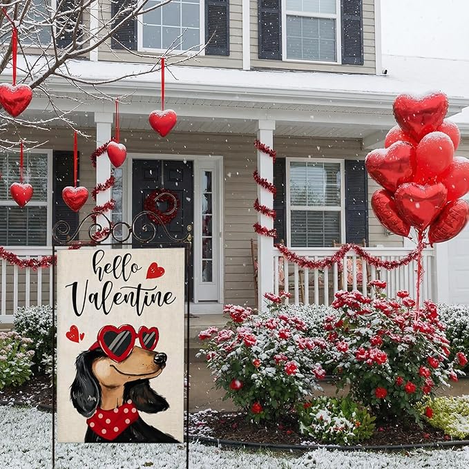 Hello Valentines House Flags for Outdoor Decoration, Dachshund Dog with Love Sunglass Heart Large Yard Flag,Seasonal Decorative Decor for Holiday Anniversary Wedding Outside 28x40 Inch Double Sided