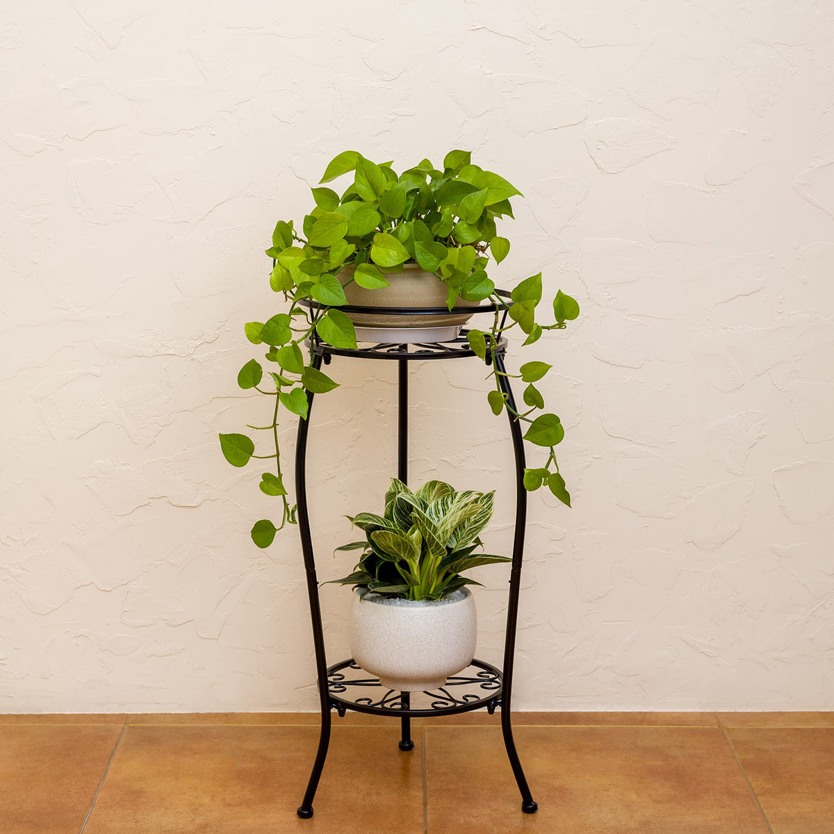 FaithLand 2 Tier Tall Black Metal Plant Stand Indoor Outdoor, 26.5"