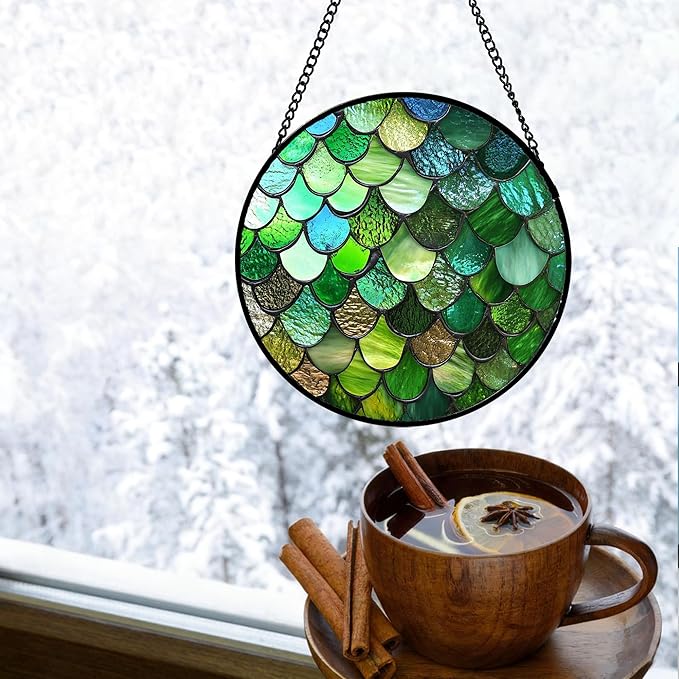 QZQCBLC Stained Glass Window Hanging Green Abstract Texture 9.8" - Marine Suncatcher Door Garden Sun Catcher Home Decor Birthday Christmas for Mom Men Woman Wife Friend