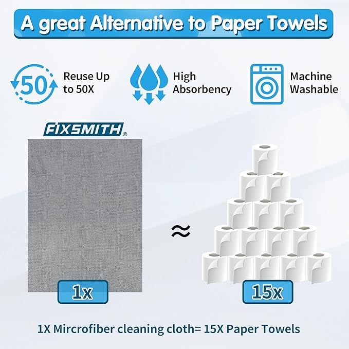 FIXSMITH Grey Microfiber Cleaning Cloth, Pack of 50, 16"X12" Cleaning Rags for Housekeeping and Kitchen, Reusable Shop Towels, Microfiber Towels for Cars, Lint Free, Scratch-Free, Highly Absorbent