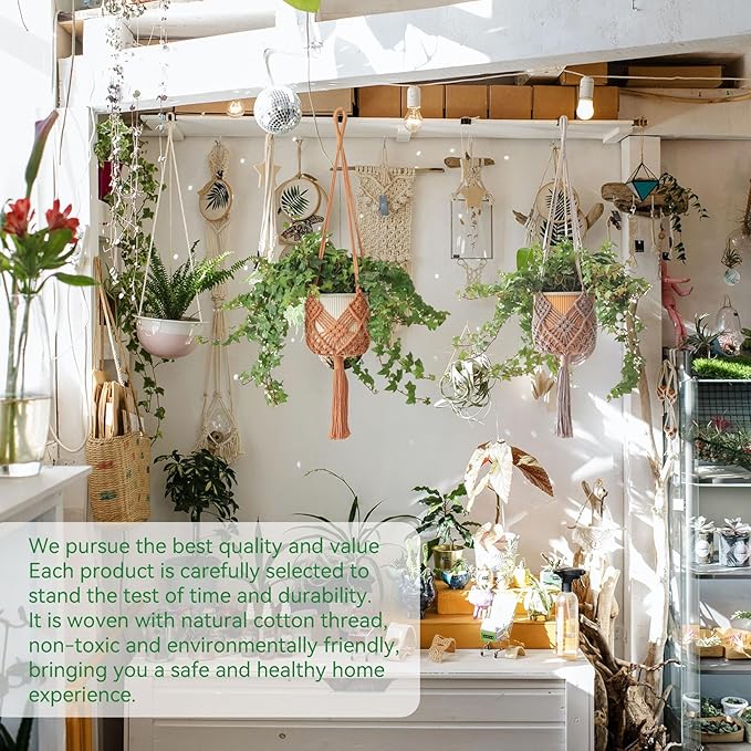 Hanging Planter with Patterns,2Packs Macrame Plant Hangers Indoor Macrame for up to 8 inch Pot Crochet Boho Plant Hanger Holder for Indoor Outdoor with 2S Shaped Stainless Steel Hooks (Caramel)
