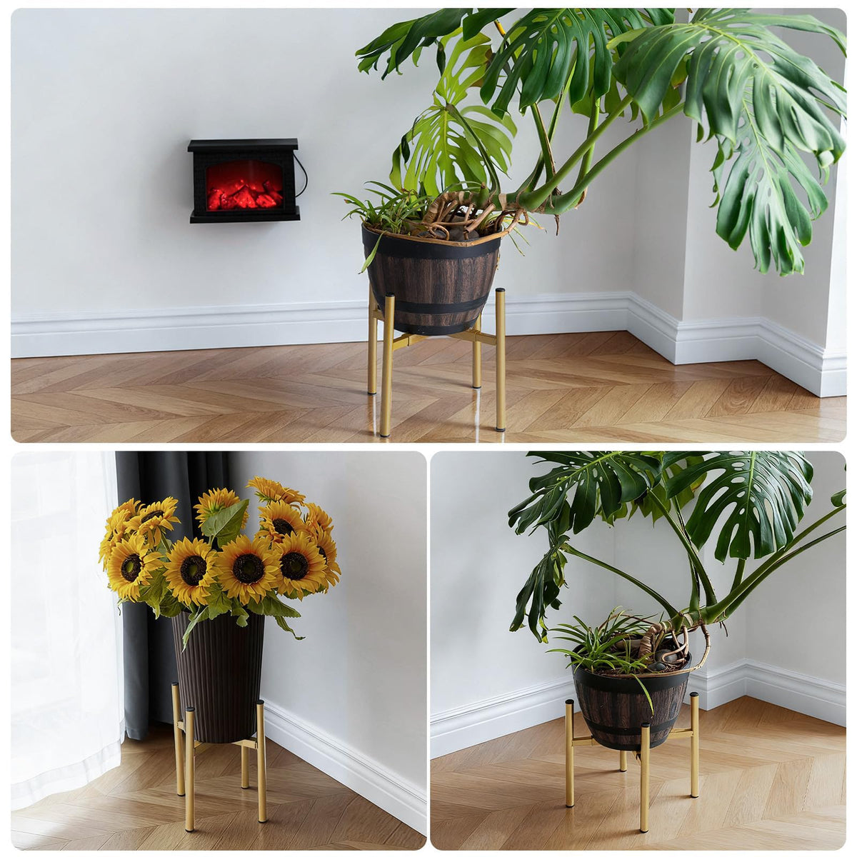 Rioneta Adjustable Metal Plant Stand Indoor, Fits 8-14 Inch Pots, Mid Century Modern Gold Planter Holder,2 Heights, Heavy Duty 160 lb, Indoor Outdoor Corner Floor Pot Stand, Golden 2 Pack