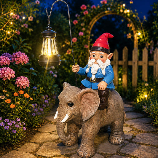 Wlcbomuoe Garden Gnome Riding Elephant Statue Decoration, Funny Resin Solar Gnome with Hanging Lantern for Lawn Patio Yard Garden Outdoor Decor, Gifts for Mom Women and Men (Gnome-G)