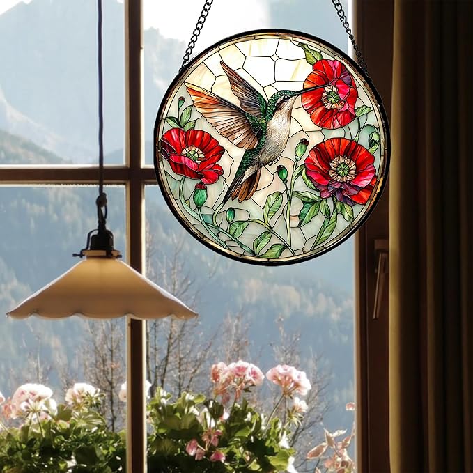 Stained Glass Window Hanging - Green Hummingbird Red Flower Suncatcher for Door Terrace Garden Home Decor Bird Landscape Sun Catcher Birthday Gifts for Lovers Women Men Dad Mom Nana 7.8 in