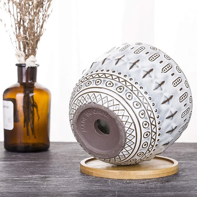 VanEnjoy 5.5 inch Large Round Bohemian Style Ceramic Planter, Geometry Engrave Off White Brown Succulent Planter Flower Pot, Indoor Outdoor Decorative Planter