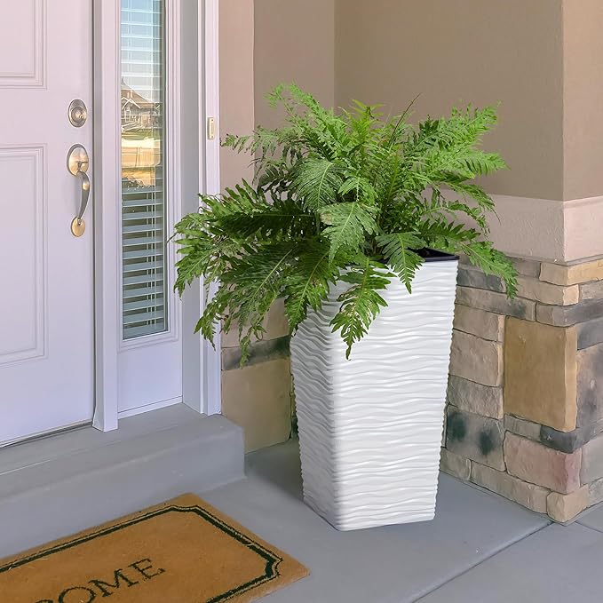 Worth Garden 2-Pack 22" H. White Square Tapered Planter with Inside Pots - Plastic Plant Pots for Indoor Outdoor - Modern Wavy Finish Decorative Flower Pots for Front Porch Containers Patio Deck