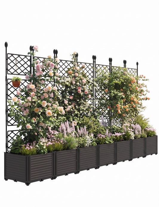 Patikuin 7-Section Sturdy Weather-Resistant Raised Garden Bed with Metal Trellis, Vertical Modular Planter Box & Privacy Screen for Climbing Plants, Vegetables, Flowers
