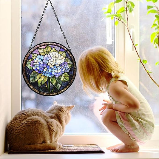 DASTOLL Stained Glass Window Hanging, Hydrangea Flowers Sun Catchers Diamond Glass Panel Hangings Plant Suncatcher Decor for Birthday for Women, Men, Wife, Aunt, and Mom 9.8 in