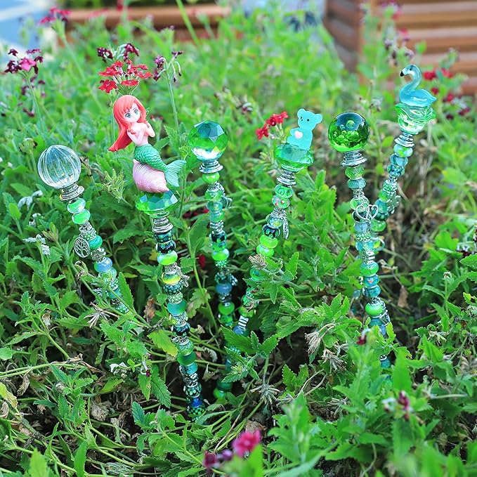 158 Pcs DIY Fairy Wand Garden Stakes Kit,Multiple Color Scheme European Beads Crystal Diamond Tops and 12 or 10 Inch Threaded Rods,Stainless Steel Stakes with Diamond Toppe (Peridot)