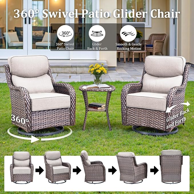 Luxury Patio Furniture Set with 42.5" Fire Pit Table, 8 Pieces High Back All Weather Wicker Outdoor Furniture w/ 6-Inch Thick Cushions, Patio Swivel Chairs Couch for Deck Balcony Backyard Brown/Beige