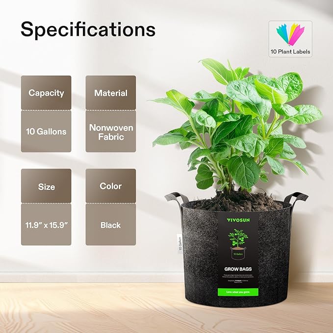 VIVOSUN 5-Pack 10 Gallon Plant Grow Bags, Heavy Duty Thickened Nonwoven Fabric Pots with Handles