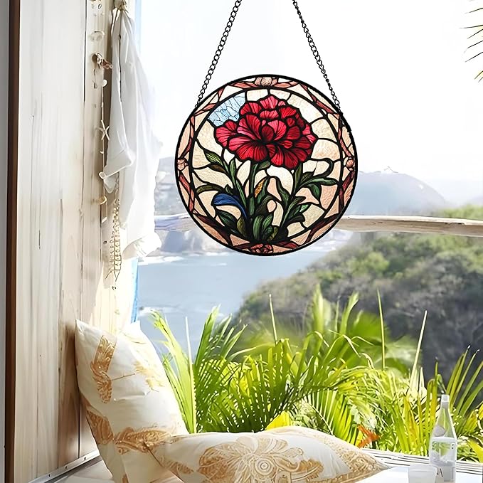 AMDERVEN Stained Glass Window Hanging - Red Carnation Birth Flower Sun Catcher for Door Garden Home Decor Suncatcher Christmas Mother's Day Birthday Gifts for Women Men Mom Nana Friend Wife 15 in