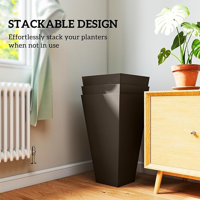 Outsunny Tall Planters for Outdoor Plants Set of 3, 28 in Taper Planters with Drainage Holes, Indoor Grande Plant Pots, Front Porch Decor, Brown