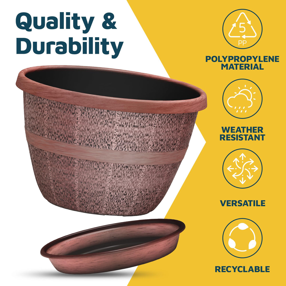 10-Inch Whiskey Barrel Planters Outdoor Pack of 2 - Durable Plastic Plant Pots for Indoor & Outdoor Use with Drainage & Saucer, Lightweight Rustic Barrel Planters for Flowers, Herbs & Small Plants