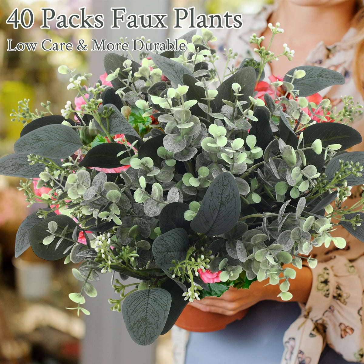 Janinka Mixed Eucalyptus Stems, Artificial Greenery White Seeds, 40