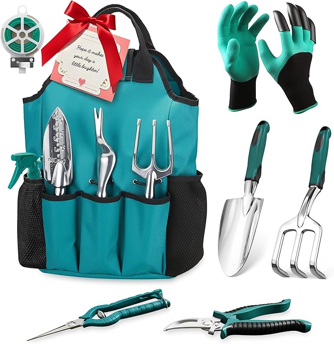 Garden Tool Set, Gardening Gifts for Women, Men, Mom, Dad, 11-Piece Heavy-Duty Aluminum Hand Tools Set with Tote Bag, Ergonomic Handles, Rust-Proof Starter Garden Kits, Gardening Essentials & Supplies