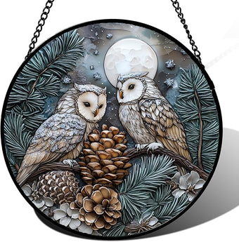 Stained Glass Window Hanging - Owl On A Tree Suncatcher for Doors Garden Patio Winter Scene Sun Catchers Decor Christmas Mother's Day Birthday Gifts for Women Men Mom Nana Friend 6.3 in